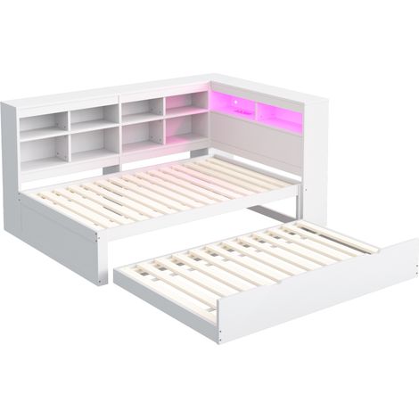 Letto divano multifunzione 90 x 200 cm in legno bianco con letto estraibile, USB, LED e vani (1/5)