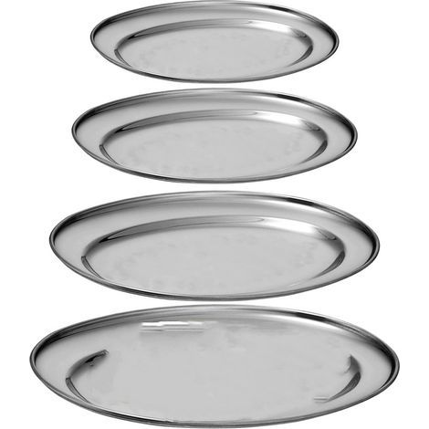 Set mit 4 Serviertabletts, ovalen Edelstahltabletts, flachen Edelstahlschalen, dekorativen Schalen zum Präsentieren von Obst, Gemüse und Süßigkeiten (Silber) (1/5)