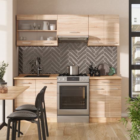 Cucina componibile R-Line, Rovere Sonoma/Goldkraft, 200 cm , PL Marmo, Vicco