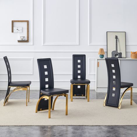 [Set di 4] Sedie da pranzo di design europeo con motivo traforato, in similpelle nera e gambe in metallo color oro, altezza 102,5 cm, adatte a sale da pranzo o soggiorni moderni. (1/5)