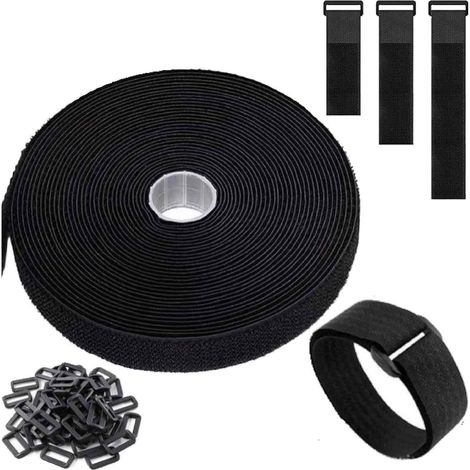 Attaches Câbles - Bandes Réglables en Nylon 5 m - Largeur 3,8 cm - Système Auto-Adhésif Velcro - 25 Boucles Incluses - Noir (1/5)