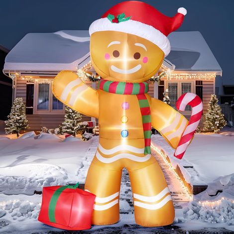 Bonhomme en pain d'épices gonflable de Noël de 2,4 m de haut avec sucre d'orge, décoration de cour gonflable en pain d'épices avec LED intégrées pour Noël, fête, extérieur, cour, jardin (1/5)