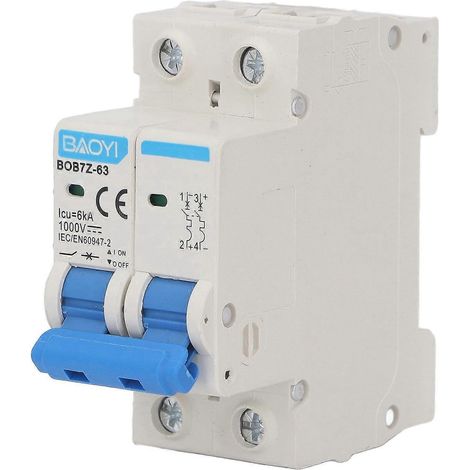 Disjoncteur miniature 1000 V CC, 2 pôles, à air, 6 kA, pour protection contre les surcharges photovoltaïques, C63 63A