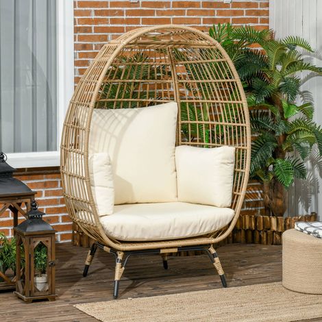 Fauteuil œuf suspendu jardin avec coussin épais, assise relevable, résine tressée et métal, khaki 105x97x150 cm (1/5)