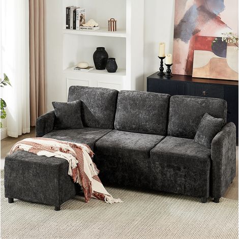 Canapé d'angle 3 places en tissu noir avec méridienne intégrée, coussins inclus, assise confortable en mousse haute densité pour petit salon - CHICFURN (1/5)