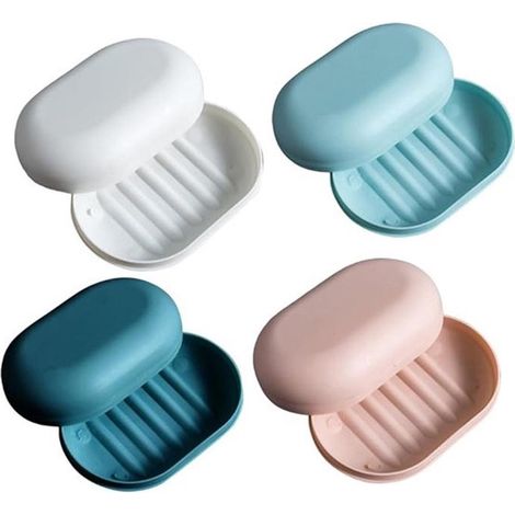 Ensemble de quatre porte-savons avec couvercle - matière plastique - 11 x 8 x 4 cm - bleu foncé, blanc, rose, bleu ciel (1/5)