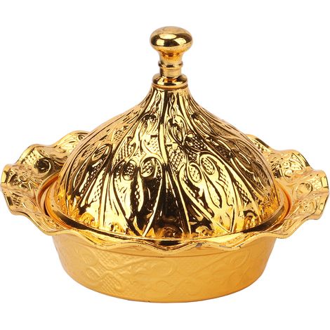 Coupelle à bonbons en alliage de zinc, couvercle doré avec motif floral gaufré, design moderne et épuré, idéale pour fruits, snacks, mariage, hôtel ou comptoir de bar. (1/5)