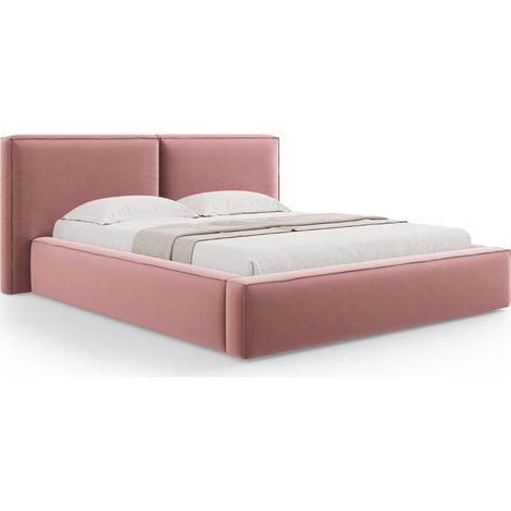 Lit coffre avec tête de lit double 140x200cm en velours rose (1/5)