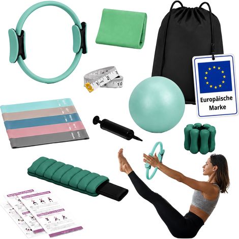 Relaxdays Pilates Set, 13-teilig, Ring, Ball, 6 Widerstandsbänder, Gewichtsmanschetten, Pilateszubehör zuhause, grün (1/5)