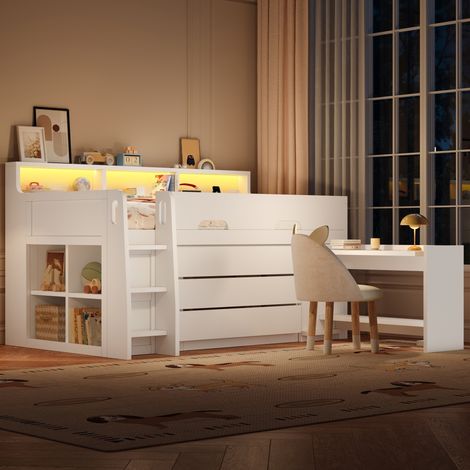 Lit mezzanine 90x200 cm enfant avec bureau mobile, LED USB, 3 tiroirs et étagères, MDF contreplaqué blanc (1/5)