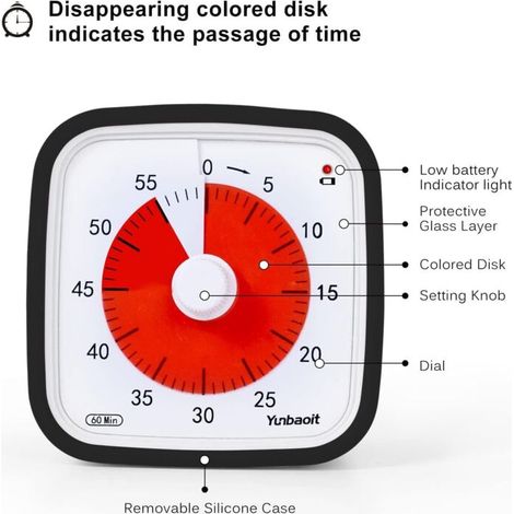 Visueller Timer mit Schutzhülle, verbesserter 60-Minuten-Countdown-Timer für Kinder und Erwachsene mit Batteriewarnfunktion, geräuschloses Zeitmanagement-Tool (Schwarz)