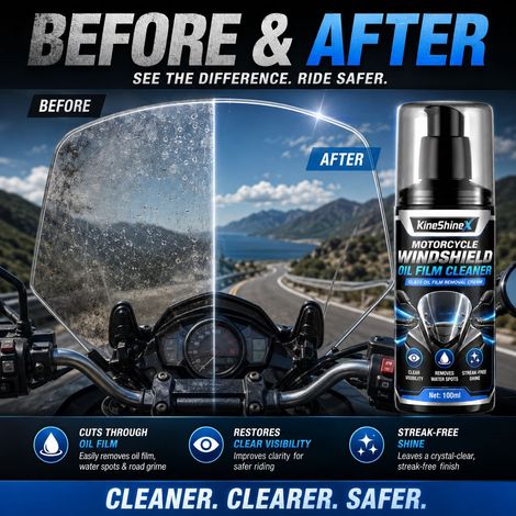 KineShineX Motorrad-Windschutzscheiben-Ölfilmreiniger entfernt kraftvoll Ölfilme und Wasserflecken und verbessert so die Sicht des Fahrers. (1/4)