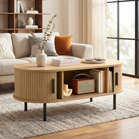 Table basse ovale en bois, table de salon moderne avec portes coulissantes et rangement caché, 100x55x40cm, bois naturel (1/5)