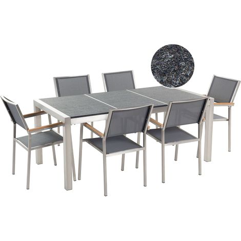 Set da Giardino Tavolo Piano Basalto Fiammato 6 Sedie Grigie 180 x 90 cm Grosseto (1/5)
