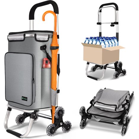 VOUNOT® Aluminium Einkaufstrolley Treppensteiger, Trolly Einkaufswagen Klappbar mit Haken 6 Räder, Grau