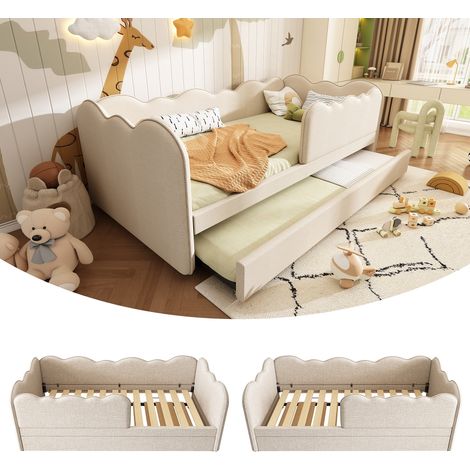 Tagesbett mit Ausziehbett und Lattenrost 90x190 cm, Polsterbett Schlafsofa in Wolkenform, platzsparendes Kinderbett aus Leinen, Beige (1/5)