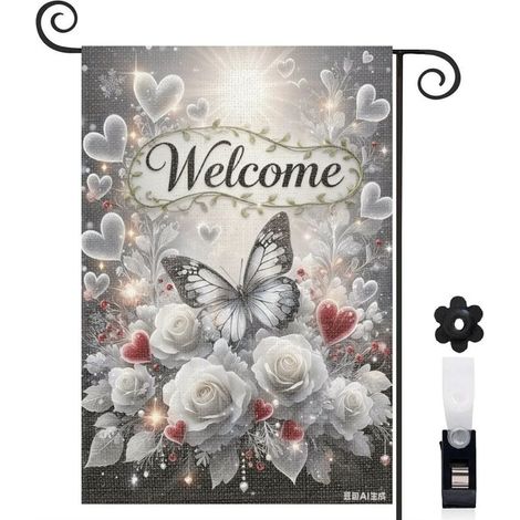 Drapeau de jardin bienvenue 30 x 45 cm motif papillon et fleurs blanches toile double face décoration extérieure élégante (1/5)