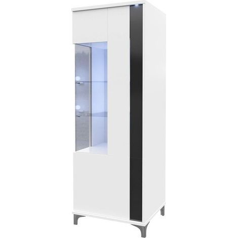 Estantería Florem III, Blanco + Blanco brillante + Negro brillante, Con puertas, Cerrable, Vidrio, Aglomerado laminado, Número de puertas: 2, Número de cajones: 0, 160x52x40cm, LED
