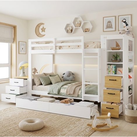 Lit superposé blanc 90x200 cm en bois avec 2 tiroirs et rangement latéral (1/5)