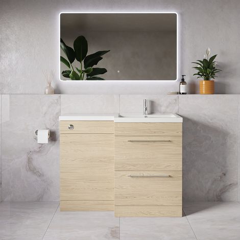 Napoli 390 Light Oak 1100mm 2 Drawer Vanity Unit Toilet Suite with Square Right Hand Lucia Basin - 1100mm - Chrome 320mm HandleWithout Kingston Toilet Pan