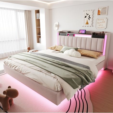 Cama tapizada 160x200 cm beige lino, cabecero con almacenaje y USB (1/5)