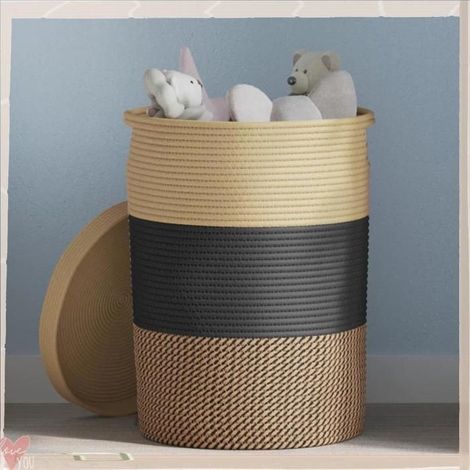 358479 Panier de rangement avec couvercle noir et beige 37x50cm coton (1/5)