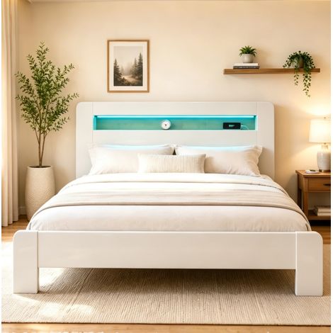 Letto matrimoniale 180x200 cm bianco in legno con testiera contenitore e LED (1/5)