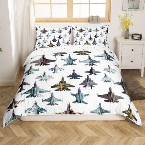 Housse de Couette Avion de Chasse, Parure de Lit 140x200cm, Sets de Housses de Couettes Avion de L'Armée, Couvre Lit Blanc Moderne (1/5)
