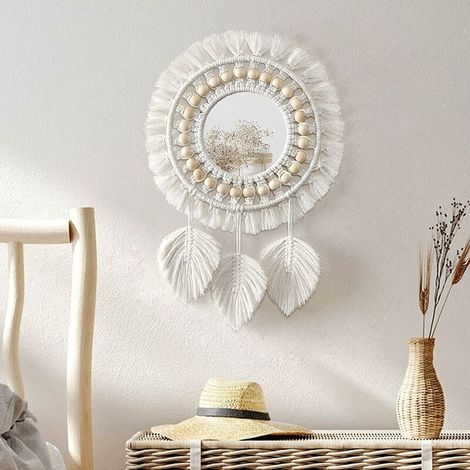 Wall Hanging Mirror with Fringe Round Wall Mounted Decorative Mirror Feather Pendant Art Ornament for Apartment Home Bedroom Living Room (1/5)