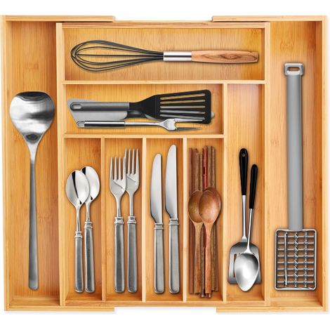 Bandeja de bambú para cubiertos: 7-9 compartimentos ajustables para utensilios de cocina (1/5)