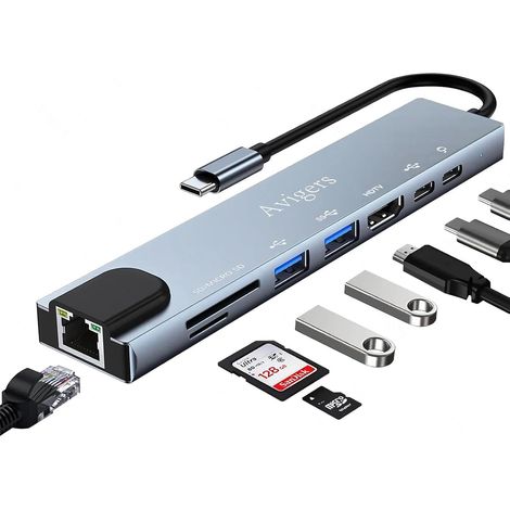 Hub USB-C 8-en-1 avec HDMI 4K, Ethernet et PD 100 W (1/5)