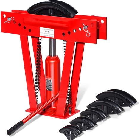 Cintreuse hydraulique de tuyaux, 12 tonnes, manuelle, avec 6 matrices (1/2" - 2") et galets réglables 90-180°, pour cuivre et échappement, usage intensif en chantier. (1/5)
