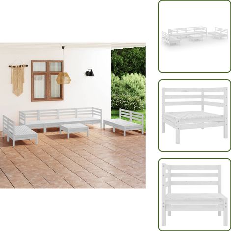 9-tlg. Garten-Lounge-Set Weiß Massivholz Kiefer - Gartenmöbeln - Loungesessel - Gartenloungeset - Rattan Möbel - Outdoor Furniture (1/5)