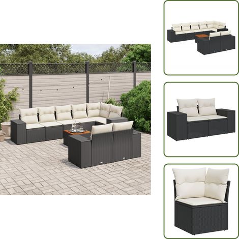 9-tlg. Garten-Sofagarnitur mit Kissen Schwarz Poly Rattan - Gartengestell - Gartenmöbelset - Outdoor Möbel - Lounge Set - Rattan Gartenmöbel (1/5)