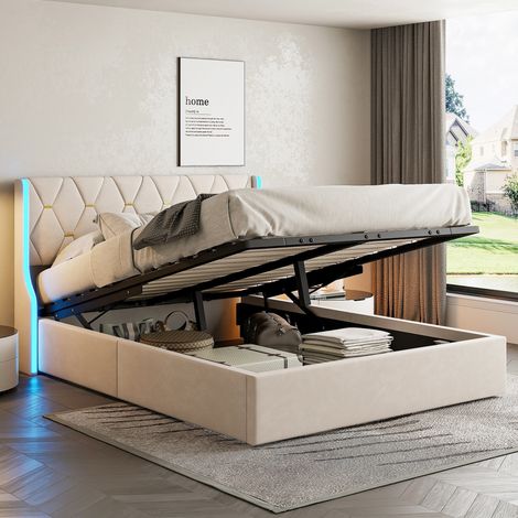 Lit coffre 140 x 200cm, lit adulte avec LED, lit capitonné, cadre de lit, avec levier hydraulique, Beige, velours (1/5)