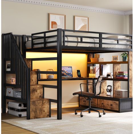 Hochbett modern aus Metall und MDF Schwarz 140x200 cm mit Schreibtisch, Regalen, 2 Schubladen, Stauraumtreppe und LED