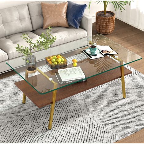 Couchtisch aus gehärtetem Glas, Metallbeine, Gold und Braun, 98 x 58 x 42,5 cm, OKMYHOME (1/5)