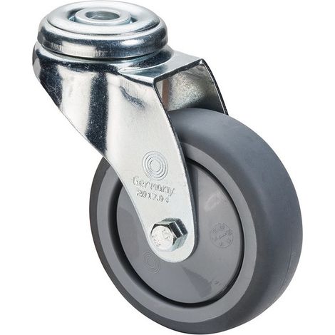 Rueda giratoria D.100mm carga 70kg con orificio trasero en goma gris