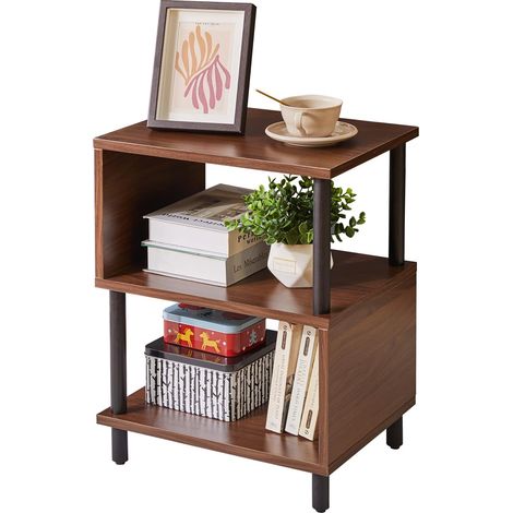 Table d’Appoint, Petite Table, Table de Canapé avec 2 Compartiments pour Chambre à Coucher, Salon, Pieds Marron + Noirs, YD-TM152LW (1/5)