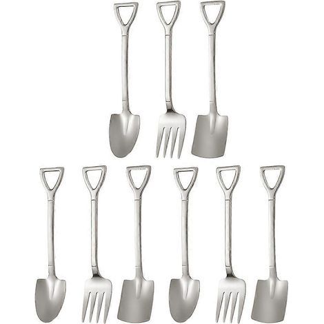 Set aus 9 schaufelförmigen Dessertlöffeln aus Edelstahl mit Dessertgabel. Küchenutensil. – 12,20 x 2,40 x 0,20 cm – Silber (1/4)