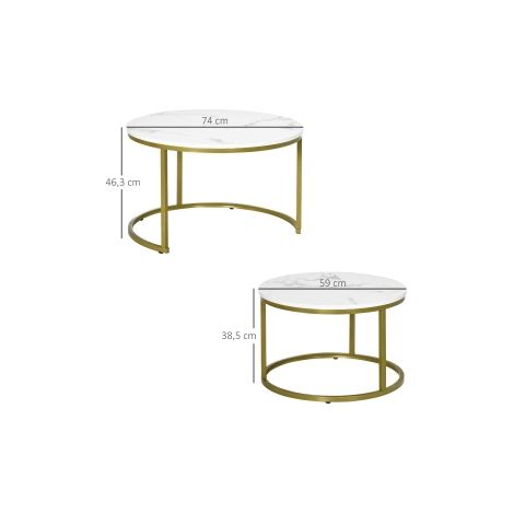 Ensemble de 2 tables basses rondes blanches avec plateau effet marbre et structure en acier doré, empilables, pour salon et séjour (1/5)