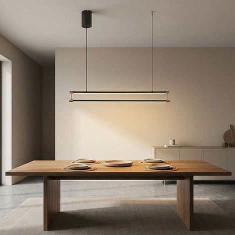 LED Hängeleuchte Modern Hängelampe schwarz gold Esszimmerleuchte Pendelleuchte, Metall Alu, 30W 1800Lm warmweiß, LxBxH 84x9x150 cm