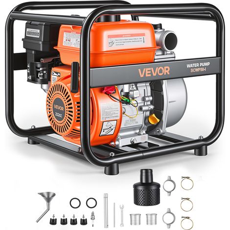 VEVOR Pompe a Eau Thermique 50,8 mm Motopompe a Essence 29980 L/h pour Irrigation Piscines Etangs Transfert Eau Semi-Dechets, 6,5 ch, Portable, Moteur a Essence, Tuyau Refoulement 7,6 m, Turbine Fonte (1/5)