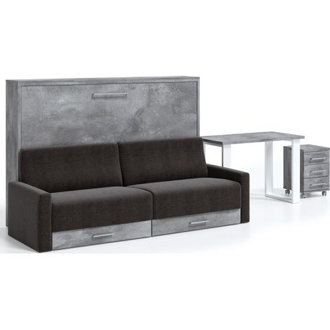 Les Tendances – Lit escamotable 140x190 cm avec canapé gris et 2 tiroirs de rangement – Structure en mélaminé haute densité – Système de guides métalliques cachés (1/5)
