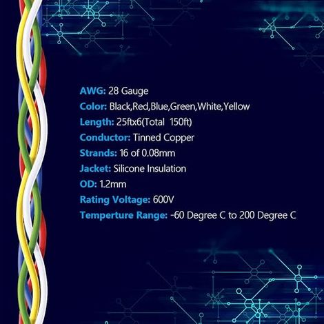 Electrical Wire 28 AWG 6 Colors 25 Feet Each 0.08mm² (1/4)