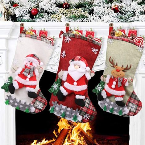 Lot de 3 Chaussettes de Noël Grandes, Chaussettes Suspendues Père Noël Bonhomme de Neige Renne Flocon, Sacs Cadeaux Jouets Décorations de Sapin Clôture pour Fêtes Famille Accessoires (1/5)