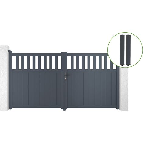 Portail battant 3m SANTIS H.160cm alu gris + 2 poteaux 20x20cm H.190cm gris (1/5)