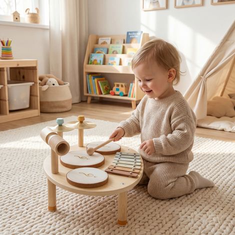 Batterie pour bébé, tambour avec xylophone pour tout-petits, instrument en bois, couleur naturelle (1/5)