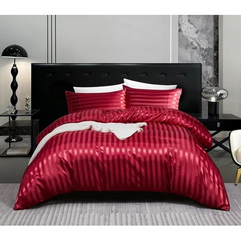 Parure de lit en satin 155 x 220 cm - Rouge bordeaux brillant - Satin soyeux à rayures - Parure de lit d'été brillante unie - Avec housse de couette et taies d'oreiller de 80 x 80 cm (1/5)