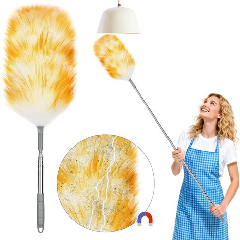 Plumero telescópico de lana de cordero con mango de acero inoxidable, se extiende hasta 130 cm. Ideal para limpiar el polvo de libros, oficinas, muebles y coches. (1/5)